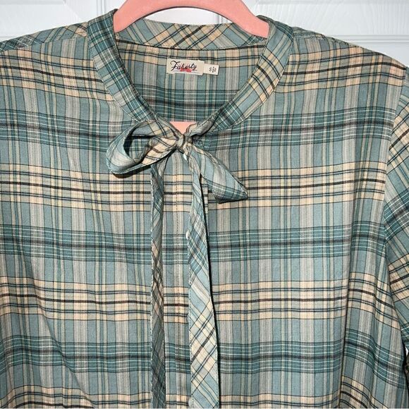 Faherty blue and green plaid button down long sleeve shirt w neck tie Sz small - Picture 4 of 11